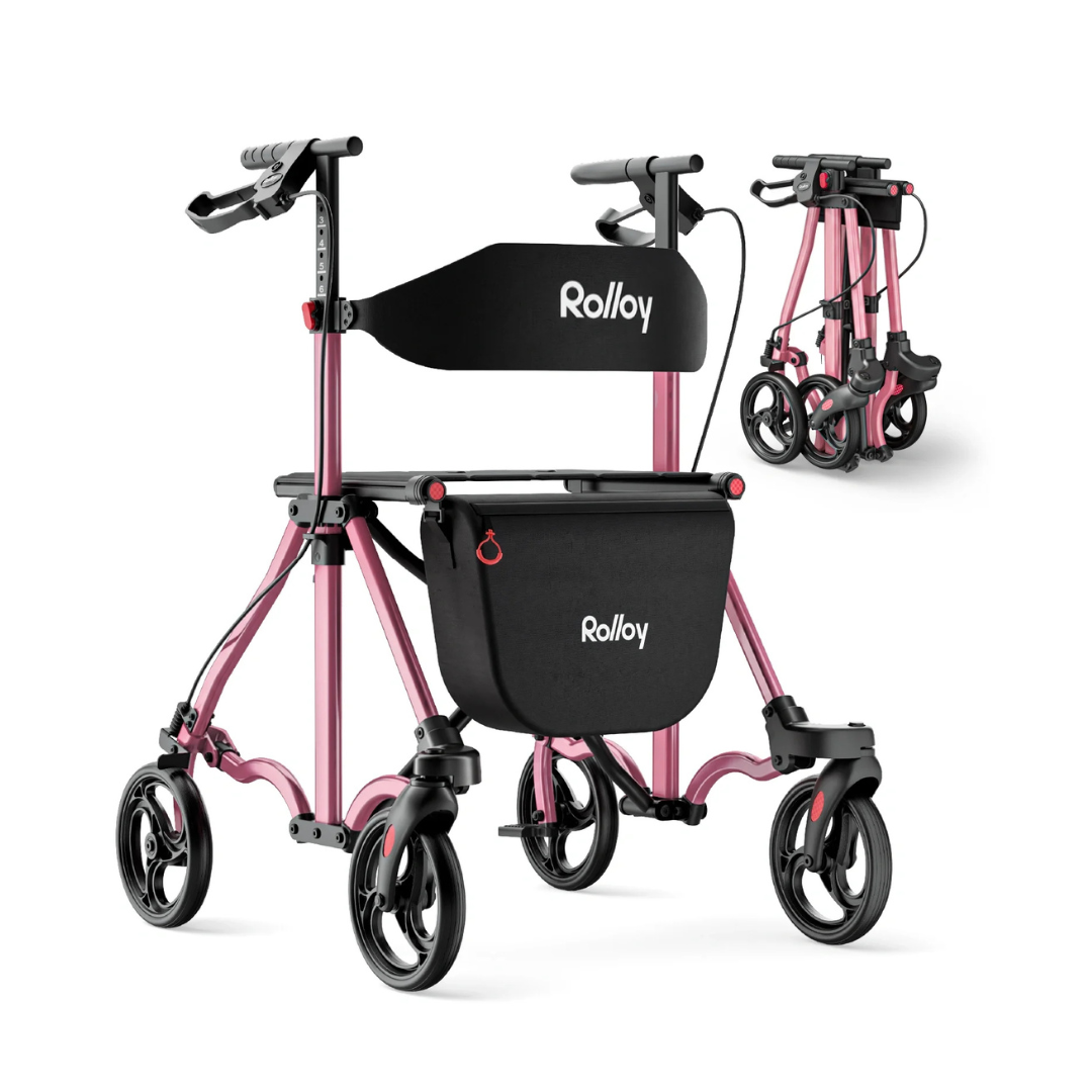The Rolloy Ultra Compact Master Rollator Walker features four wheels, a pink frame, black storage bag, padded backrest, and ergonomic handles. An inset image displays the lightweight walker folded for compact storage.