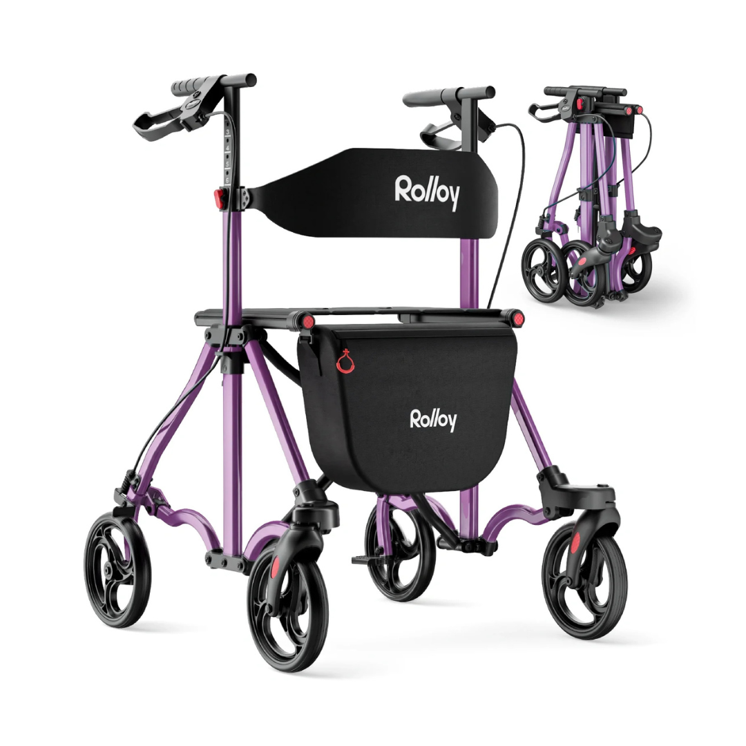 The Rolloy Ultra Compact Master Rollator Walker, shown in purple with four wheels, a black storage bag, and a backrest. An inset displays the foldable walker neatly collapsed for compact storage.