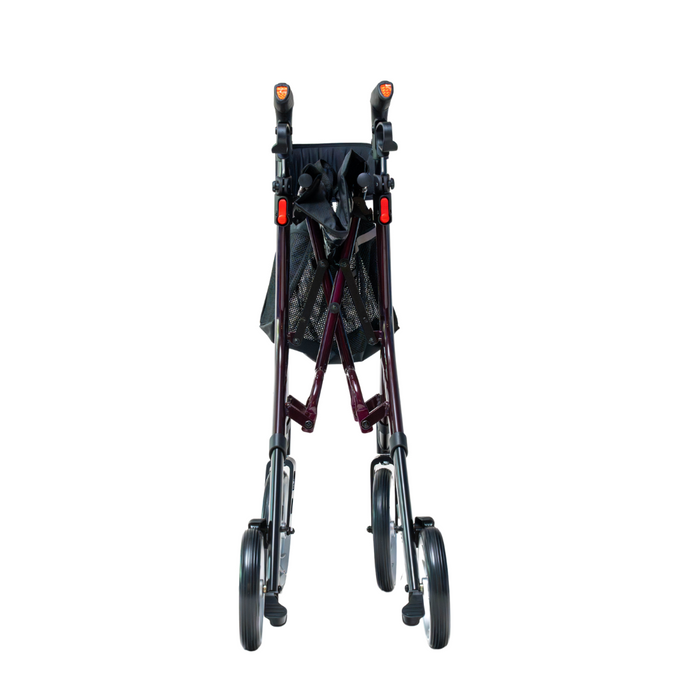 Meet the Compass Health Ascent Premium Euro-Style Rollator—a foldable walker with a lightweight aluminum frame, four wheels, black grips, a built-in seat, a maroon frame, and a small black storage pouch for top-notch mobility support.