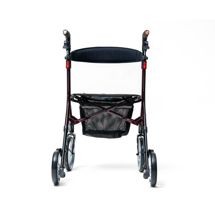 Front view of the Compass Health Ascent Premium Euro-Style Rollator showcasing its four large wheels, mesh storage pouch, ergonomic handles, padded backrest, and lightweight aluminum frame on a plain white background.