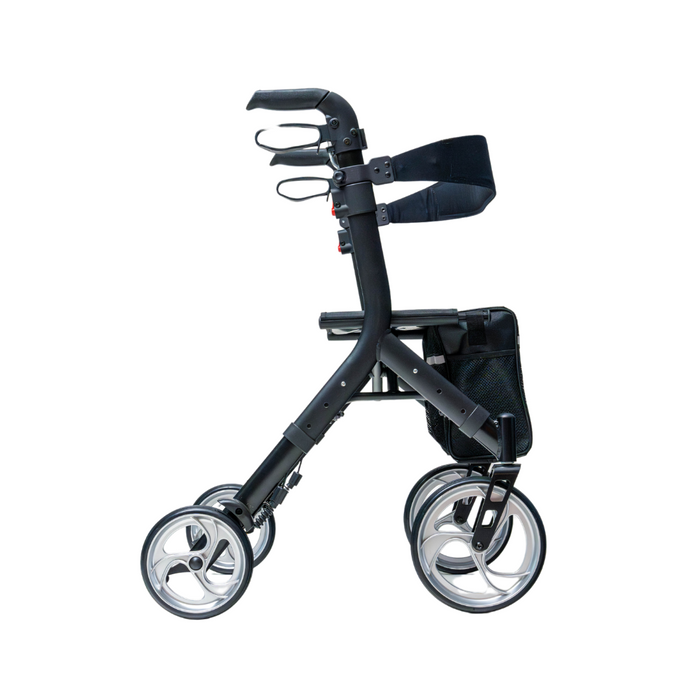 Side view of a sleek, lightweight Compass Health Ascent Premium Euro-Style Rollator. It features four large wheels, a padded backrest, ergonomic hand grips, and a convenient storage bag beneath the seat for optimal mobility support.