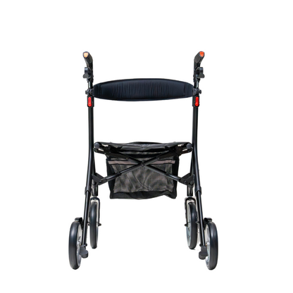 The Compass Health Ascent Premium Euro-Style Rollator is a lightweight black rollator with four wheels, handles, and a padded backrest. It provides excellent mobility support with a mesh storage compartment and sturdy frame, shown from the front on a white background.
