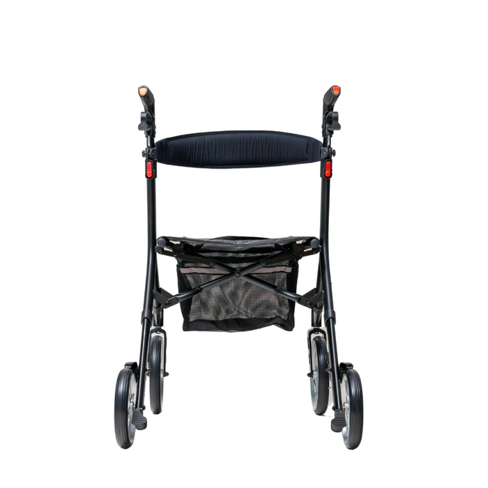 The Compass Health Ascent Premium Euro-Style Rollator is a lightweight black rollator with four wheels, handles, and a padded backrest. It provides excellent mobility support with a mesh storage compartment and sturdy frame, shown from the front on a white background.