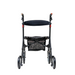 The Compass Health Ascent Premium Euro-Style Rollator is a lightweight black rollator with four wheels, handles, and a padded backrest. It provides excellent mobility support with a mesh storage compartment and sturdy frame, shown from the front on a white background.
