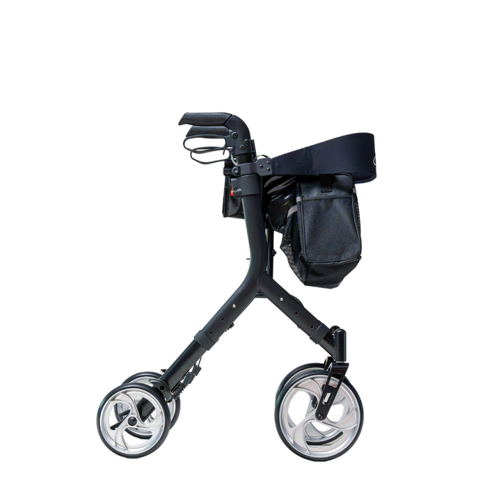 The Compass Health Ascent Premium Euro-Style Rollator is a modern black rollator featuring large wheels, a compact storage bag, ergonomic handles, and a sleek design for lightweight mobility, easy maneuverability, and enhanced comfort.