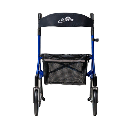The Compass Health Ascent Premium Euro-Style Rollator is a lightweight blue walker with four large wheels and black cushioned handles. It has a black fabric backrest labeled Ascent and features a mesh storage basket under the seat, embodying premium mobility support, shown from the front.