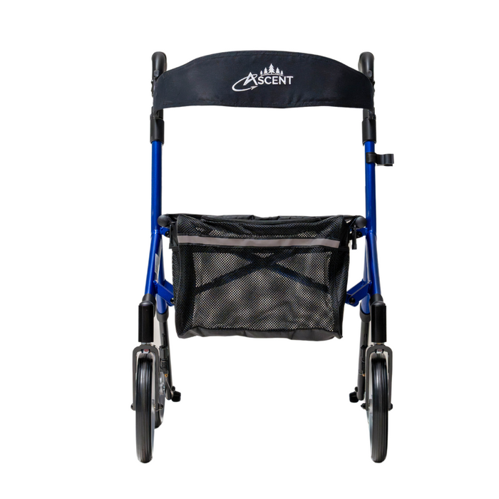 The Compass Health Ascent Premium Euro-Style Rollator is a lightweight blue walker with four large wheels and black cushioned handles. It has a black fabric backrest labeled Ascent and features a mesh storage basket under the seat, embodying premium mobility support, shown from the front.