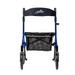 The Compass Health Ascent Premium Euro-Style Rollator is a lightweight blue walker with four large wheels and black cushioned handles. It has a black fabric backrest labeled Ascent and features a mesh storage basket under the seat, embodying premium mobility support, shown from the front.