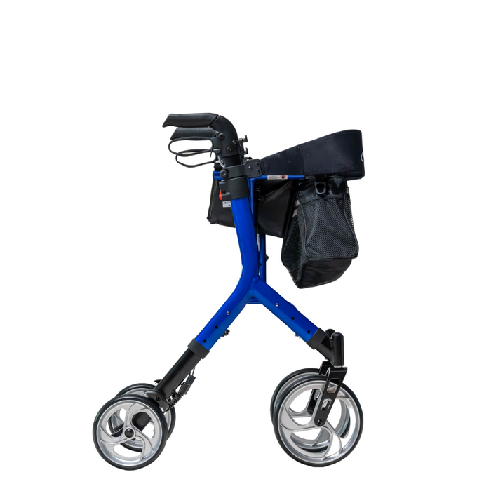 The Compass Health Ascent Premium Euro-Style Rollator is a blue folding walker with silver wheels, an ergonomic handlebar, brake system, and a handy under-seat storage bag. Photographed against a white background, it offers lightweight convenience as the flagship model.