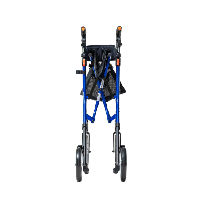 The Compass Health Ascent Premium Euro-Style Rollator, a blue and black foldable walker with four wheels, is shown on a white background. The upright handles and small mesh storage bag between the legs emphasize its lightweight design for premium mobility support.