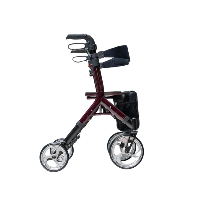 A side view of the Compass Health Ascent Premium Euro-Style Rollator in black and burgundy, featuring four wheels, a seat with under-seat storage pouch, and handles with brakes. Its design is modern and compact.