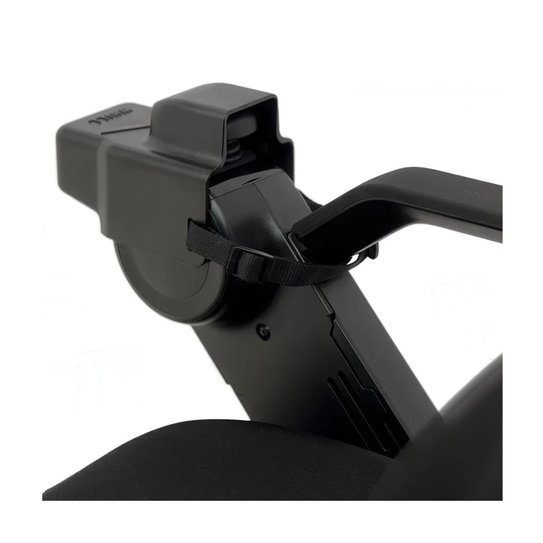 Close-up of a black wheelchair armrest on a WHILL Model C2 with a secured battery pack, shown against a plain white background. The setup can accommodate accessories such as the Controller Cover for Whill C2/F Powerchairs.