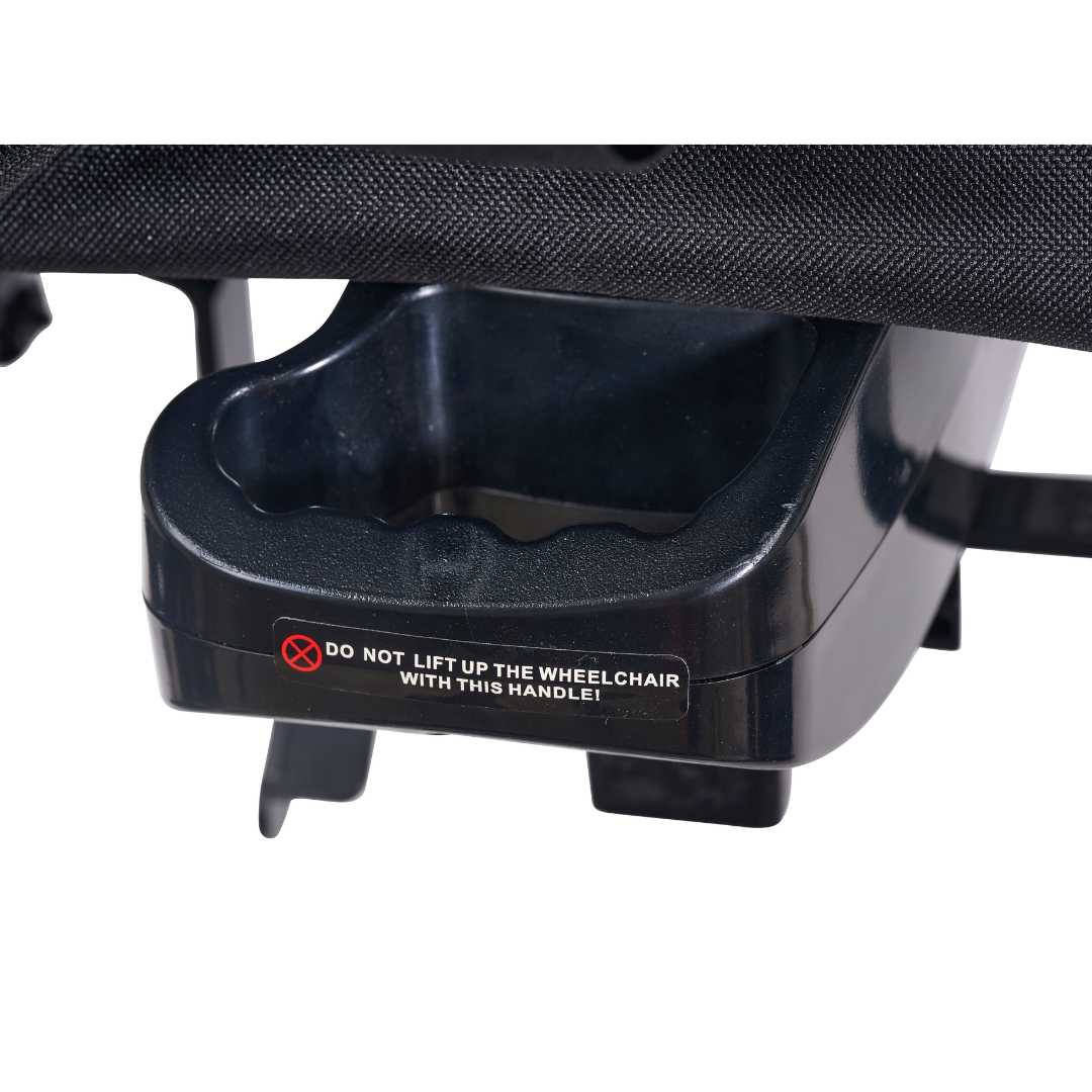 Close-up of a black Golden Technologies cup holder for the GP302 Cricket, attached to the chair, with a warning: DO NOT LIFT UP THE WHEELCHAIR WITH THIS HANDLE! Designed for use with Cricket GP302 power chairs.