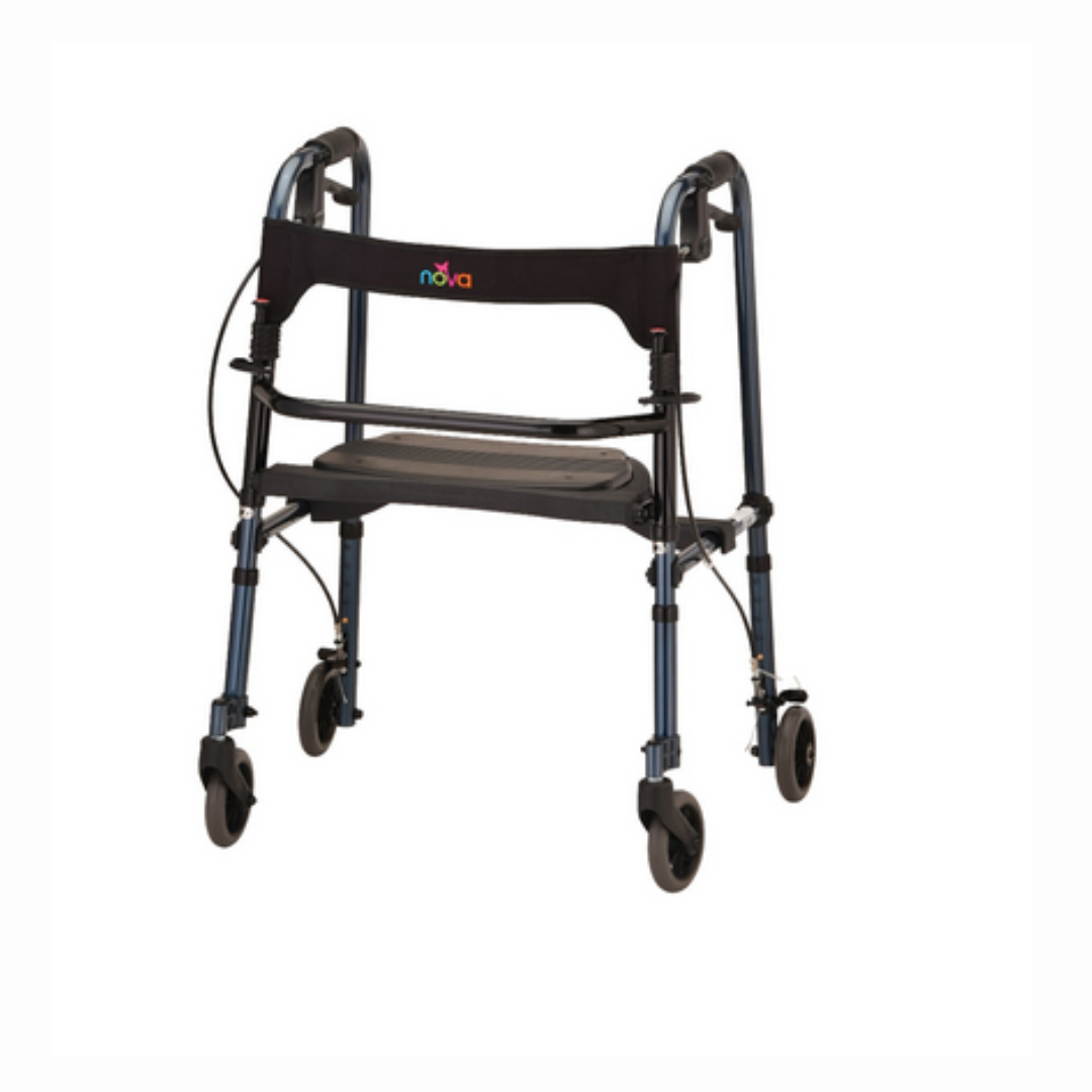 The Nova Medical Cruiser De-Light Rolling Walker features four wheels, a black seat and backrest adorned with a sleek logo, larger front wheels, hand grips, and adjustable legs for added comfort.