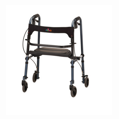 The Nova Medical Cruiser De-Light Rolling Walker features four wheels, a black seat and backrest adorned with a sleek logo, larger front wheels, hand grips, and adjustable legs for added comfort.