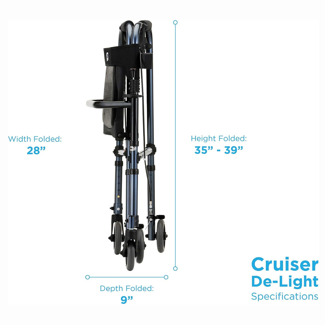 The Nova Medical Cruiser De-Light Rolling Walker with Seat is a foldable walker featuring four wheels, adjustable legs, a black seat, and dimensions of 28 W x 35-39 H x 9 D, with specs noted on the lower right.