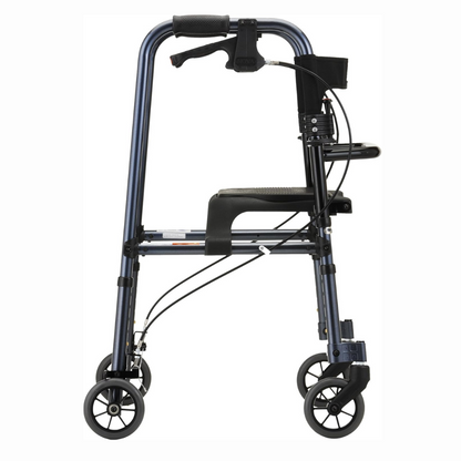 A side view of the Nova Medical Cruiser De-Light Rolling Walker with Seat shows its blue frame, designed for mobility assistance. It features black handlebars, a brake handle, adjustable legs, small wheels, and a compact foldable frame.