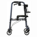 A side view of the Nova Medical Cruiser De-Light Rolling Walker with Seat shows its blue frame, designed for mobility assistance. It features black handlebars, a brake handle, adjustable legs, small wheels, and a compact foldable frame.