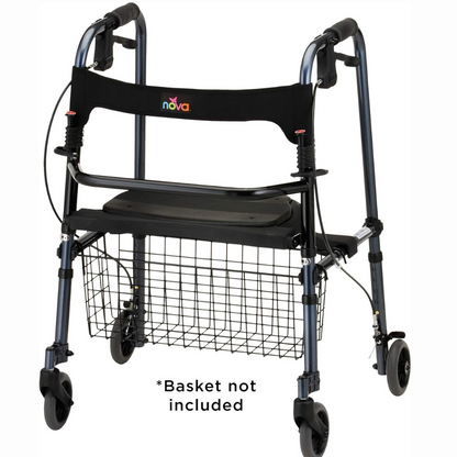 The Nova Medical Cruiser De-Light Rolling Walker in black and gray features four wheels, handlebars, the nova logo, a foldable seat, adjustable legs for comfort, and a metal basket bracket (basket not included).