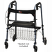 The Nova Medical Cruiser De-Light Rolling Walker in black and gray features four wheels, handlebars, the nova logo, a foldable seat, adjustable legs for comfort, and a metal basket bracket (basket not included).