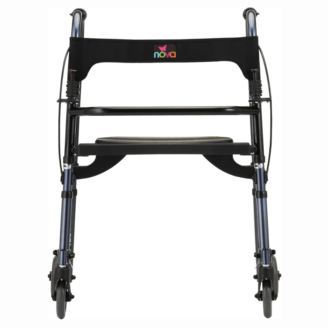 The Nova Medical Cruiser De-Light Rolling Walker features a black and silver design with four wheels and a seat. The Nova brand is visible on the backrest, and it offers handbrakes, adjustable legs, plus a compact, foldable design for excellent mobility assistance.