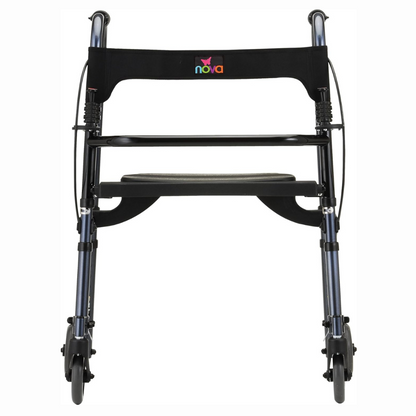 The Nova Medical Cruiser De-Light Rolling Walker features a black and silver design with four wheels and a seat. The Nova brand is visible on the backrest, and it offers handbrakes, adjustable legs, plus a compact, foldable design for excellent mobility assistance.
