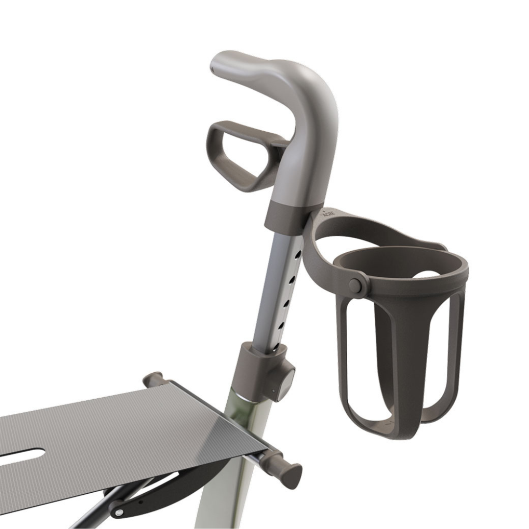 Close-up of the Cup Holder For ByAcre Rollators attached to an adjustable handle with a built-in loop, alongside part of a flat seat. The accessory showcases a modern, sleek design in gray and metallic tones.