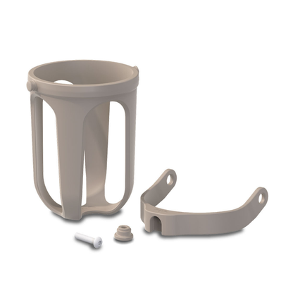 The Cup Holder for byACRE Rollators is a light beige, open-design accessory that includes a curved mounting bracket, screw, and round fastener—ideal for adding practical convenience to your mobility aid.