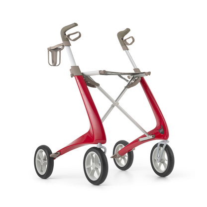 The Cup Holder For ByAcre Rollators is attached to a modern, lightweight byACRE rollator with four large wheels, ergonomic handles, and a minimalist design, all set against a white background.