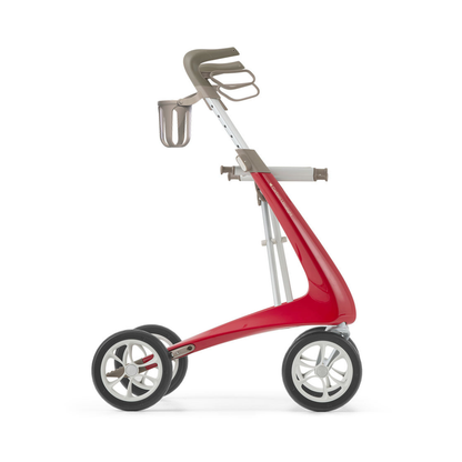 A sleek, modern Cup Holder For ByAcre Rollators is displayed in red and beige on a byACRE device with two large rear wheels and two smaller front wheels, shown in profile against a white background.