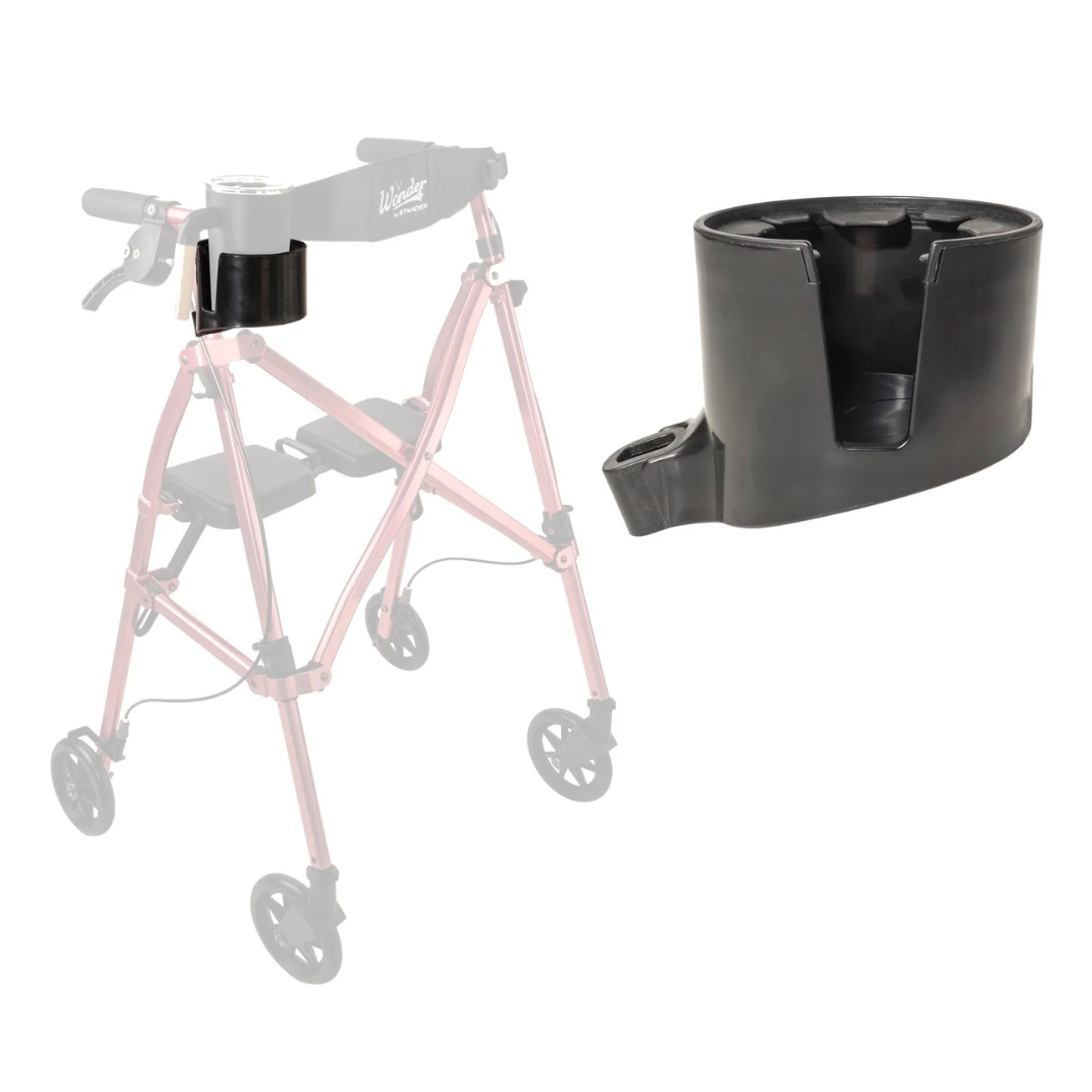 The Cup Holder For Stander Walkers & Rollators is shown in black next to a red walker, illustrating how it can be easily attached to walkers or rollators for convenient access to beverages.