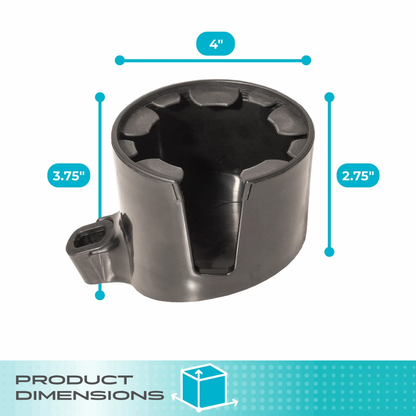 The Cup Holder For Stander Walkers & Rollators is black and cylindrical with a notched opening, measuring 4" wide, 3.75" deep, and 2.75" tall—ideal for walkers and rollators. Text below reads: Product Dimensions.