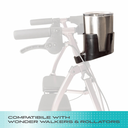 A metal cup rests in a black Cup Holder For Stander Walkers & Rollators, mounted on a mobility walker’s handlebar. Text below states: Compatible with Wonder Walkers & rollators.