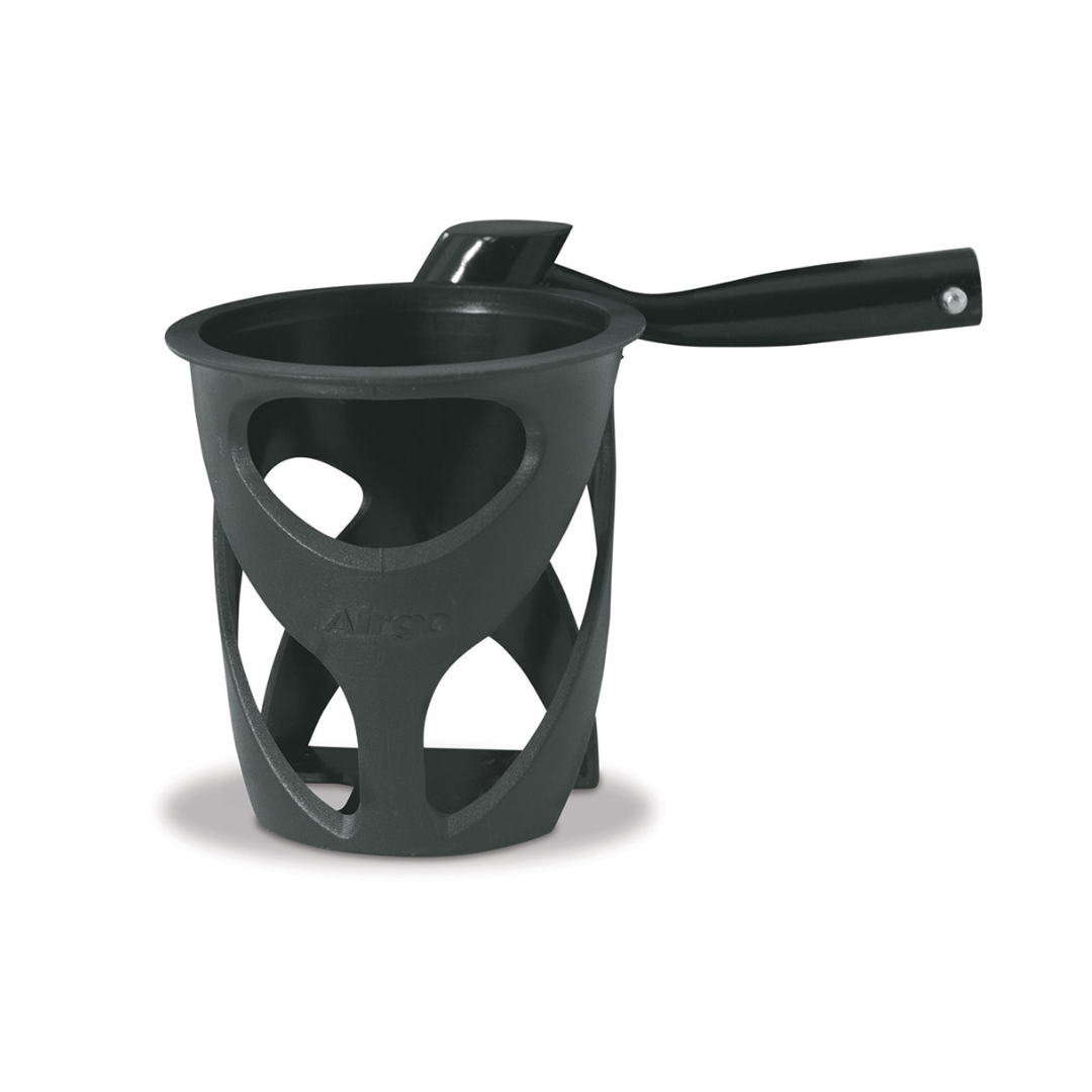 A Cup Holder for Side-Folding Rollators, featuring a unique open-frame, cage-like design and long handle, is displayed against a white background.