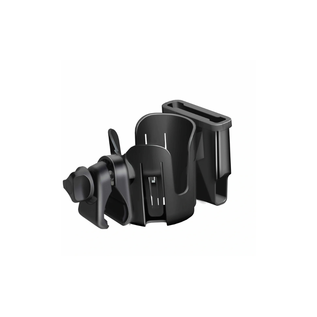 The Cup/Phone Holder for Rolloy Rollators is a versatile black plastic organizer with an adjustable clamp, easily attaching to car doors or consoles—ideal as both a car accessory and a rollator cup holder.