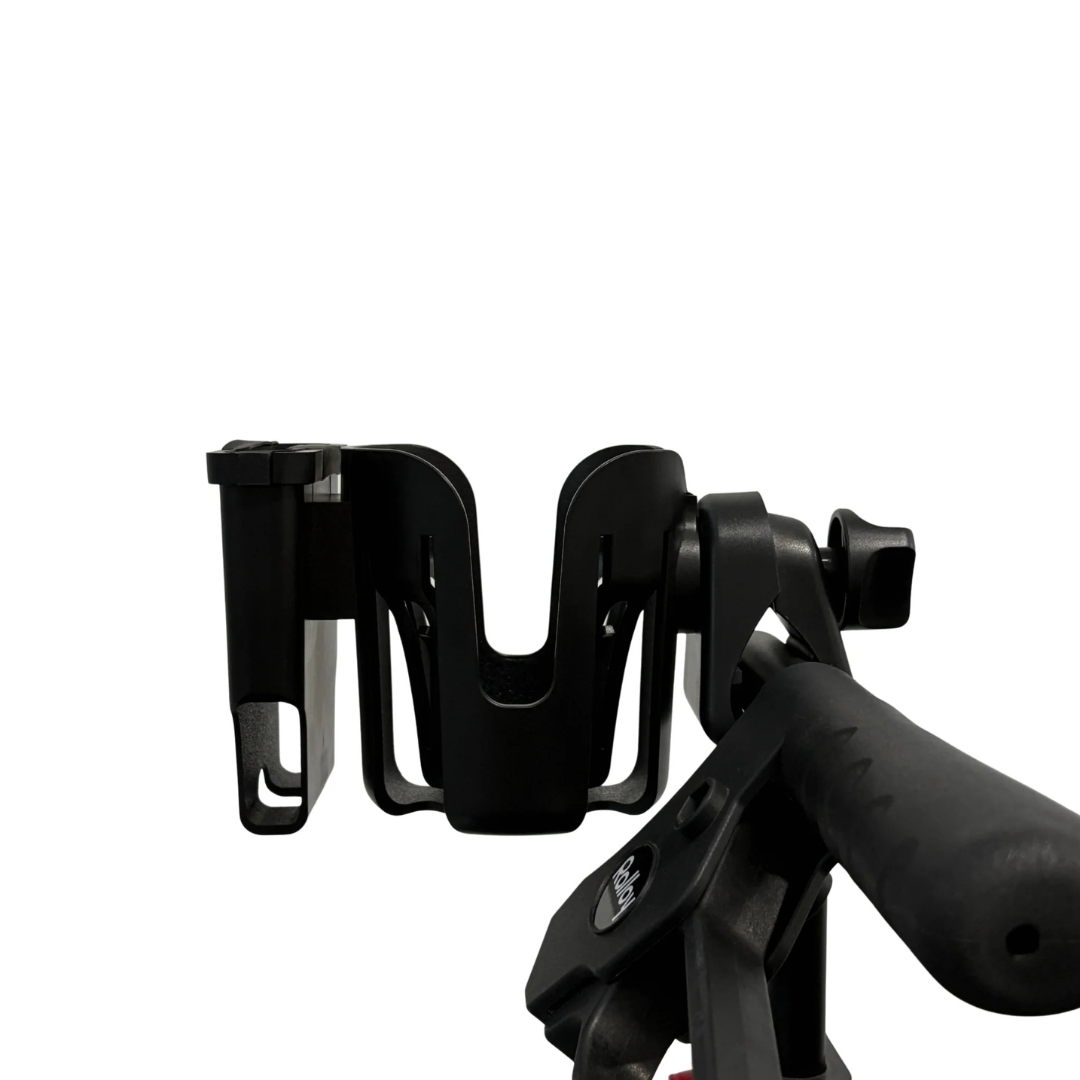 The Cup/Phone Holder for Rolloy Rollators is attached to the handlebar of a mobility device, displayed against a white background—an essential accessory for daily convenience with your Rolloy Rollator.
