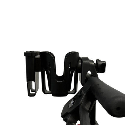 The Cup/Phone Holder for Rolloy Rollators is attached to the handlebar of a mobility device, displayed against a white background—an essential accessory for daily convenience with your Rolloy Rollator.