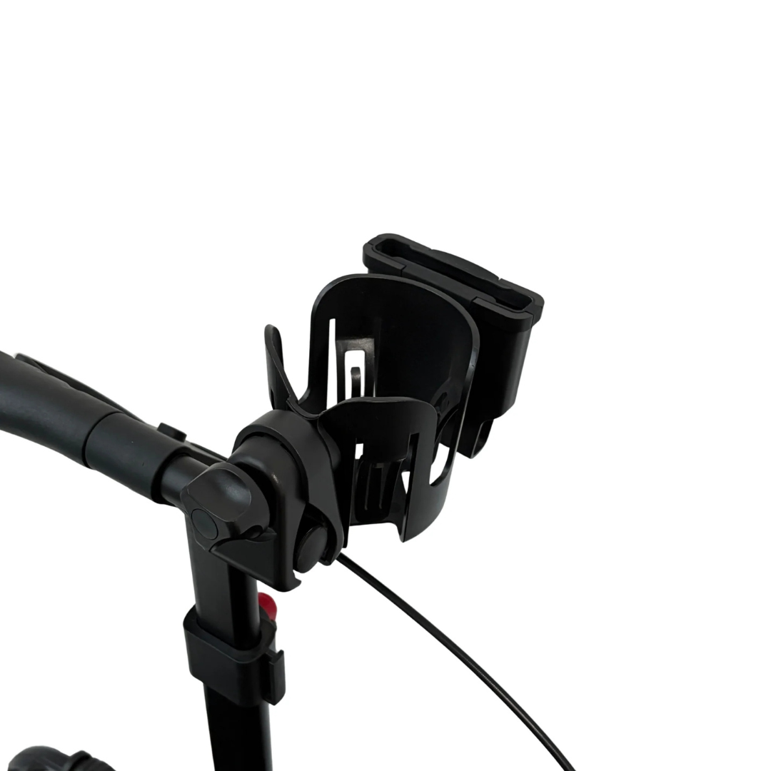 Close-up of a black Cup/Phone holder for Rolloy Rollators, a practical mobility accessory, attached to the handlebar of a rollator against a white background.