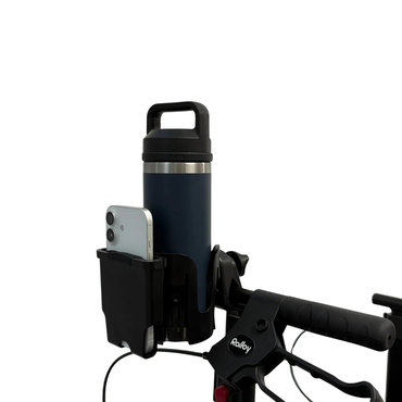 A Cup/Phone holder for Rolley Rollators, attached to the scooter's handlebar, holds a reusable water bottle and a smartphone against a white background.
