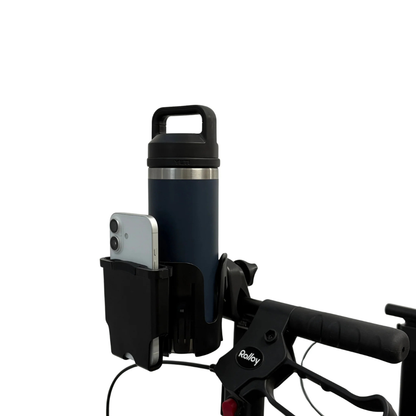 A Cup/Phone holder for Rolley Rollators, attached to the scooter's handlebar, holds a reusable water bottle and a smartphone against a white background.