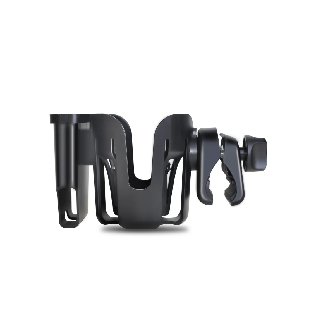The Cup/Phone holder for Rolloy Rollators is a black plastic multi-purpose organizer with multiple compartments, perfect for your car, walker, or Rollator cup holder needs. Shown against a white background.