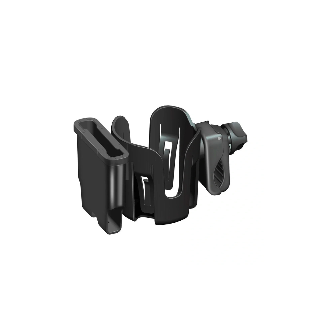 The Cup/Phone Holder for Rolloy Rollators is a black, multi-functional accessory with compartments and a clamp, easily attaching to strollers, rollators, walkers, or bike handlebars. Shown on a white background.