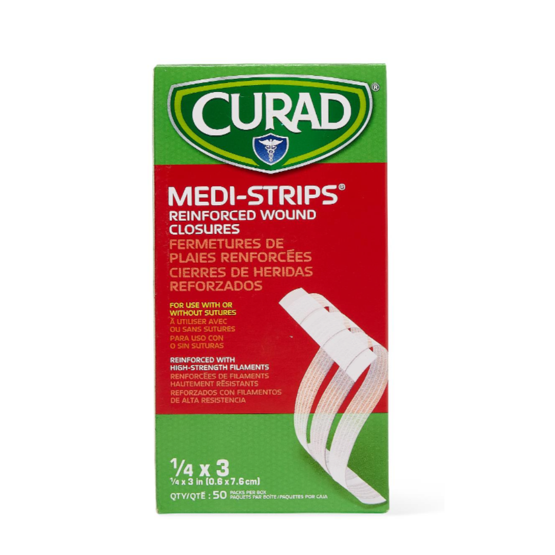 A green and red box of CURAD Sterile Medi-Strip Wound Closure Bandages displays the strips on the front, with details in English, French, and Spanish—a hypoallergenic, suture-free wound care alternative.