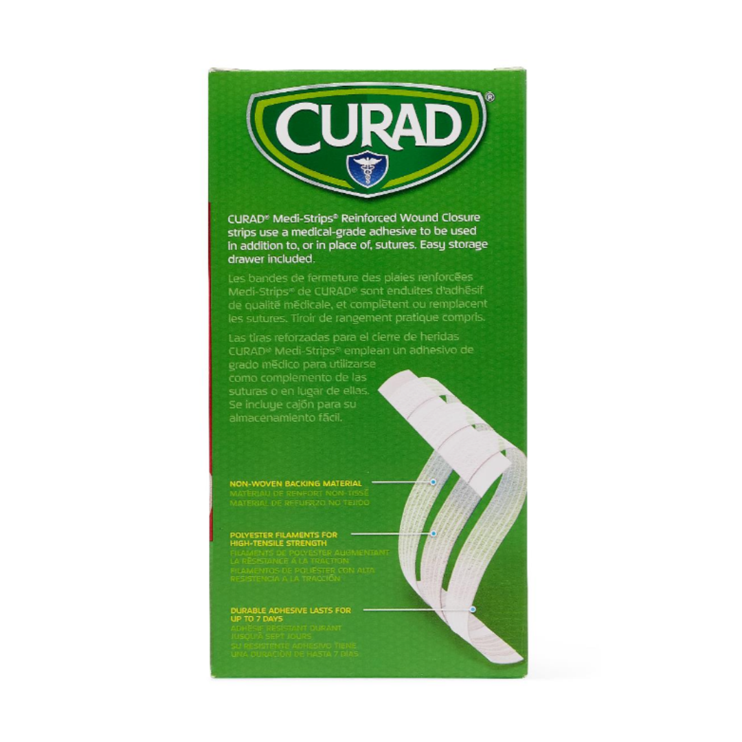 A green box of CURAD Sterile Medi-Strip Wound Closure Bandages features reinforced, hypoallergenic adhesive strips as a suture alternative, with product info in English and Spanish and images of the white strips on the front.