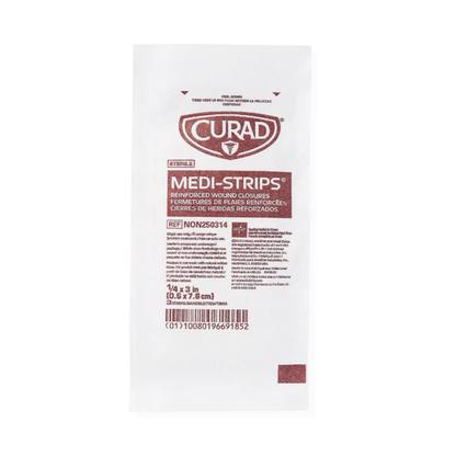 A white packet labeled CURAD Sterile Medi-Strip Wound Closure Bandages contains reinforced, hypoallergenic strips. Packaging details appear in English/Spanish with a barcode at the bottom. An effective suture alternative.