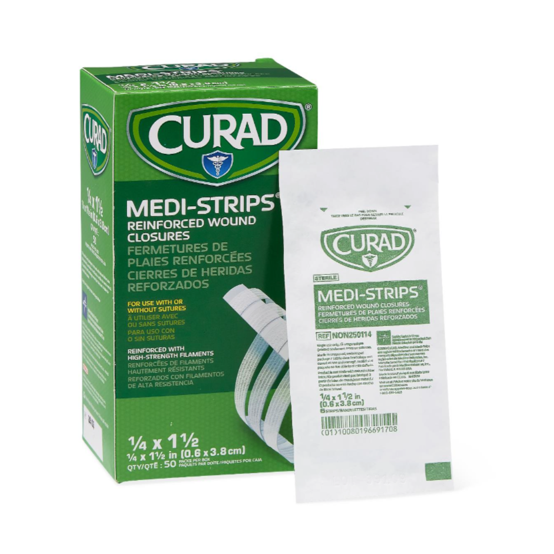 A green and white box of CURAD Sterile Medi-Strip Wound Closure Bandages is shown beside a single sealed strip. The box displays size, quantity, and features in English and Spanish, highlighting a hypoallergenic adhesive alternative to sutures.