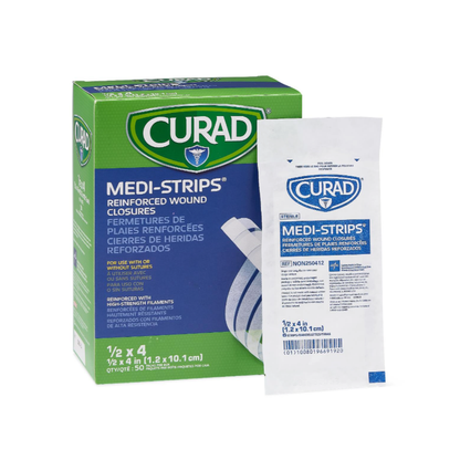 A green and blue box of CURAD Sterile Medi-Strip Wound Closure Bandages (1/2 x 4 in, hypoallergenic adhesive, 50 count) sits behind a single wrapped strip.