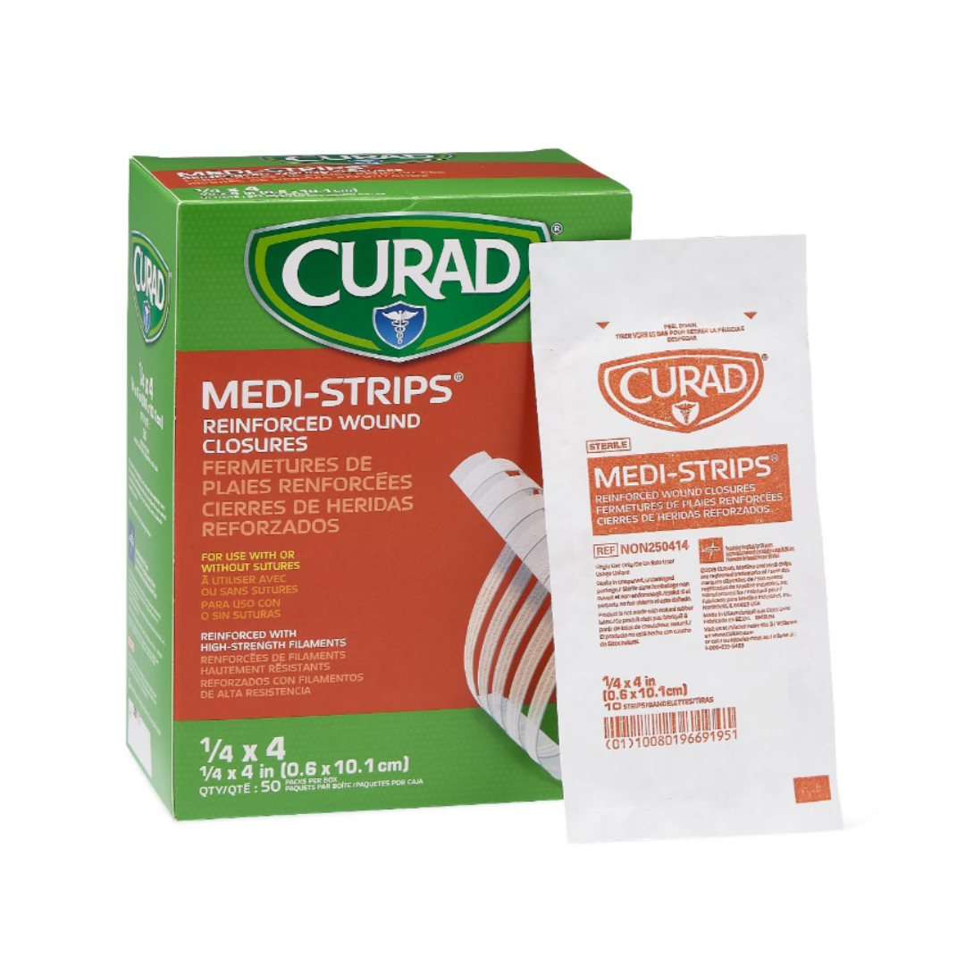 A green box of CURAD Sterile Medi-Strip Wound Closure Bandages appears beside a white packet, both featuring branding and product info in English and Spanish. These hypoallergenic strips offer an alternative to sutures for wound closure.