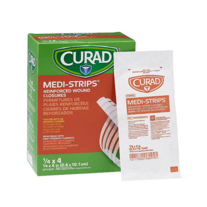 A green box of CURAD Sterile Medi-Strip Wound Closure Bandages appears beside a white packet, both featuring branding and product info in English and Spanish. These hypoallergenic strips offer an alternative to sutures for wound closure.