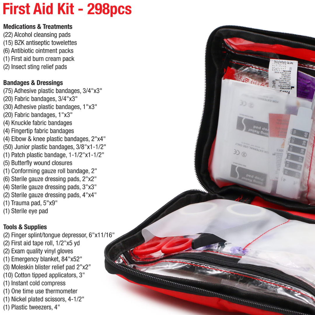 An open DMI 298-Piece Complete Emergency First Aid Kit shows assorted medical supplies in clear pouches, with a printed list of contents and quantities—such as medications, bandages, and tools—visible on the left side of the image.